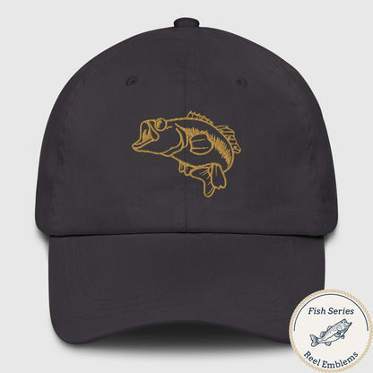 Black dad hat with yellow largemouth bass graphic, fishing hat with humorous style. - Largemouth Bass – Fish Series Dad Hat