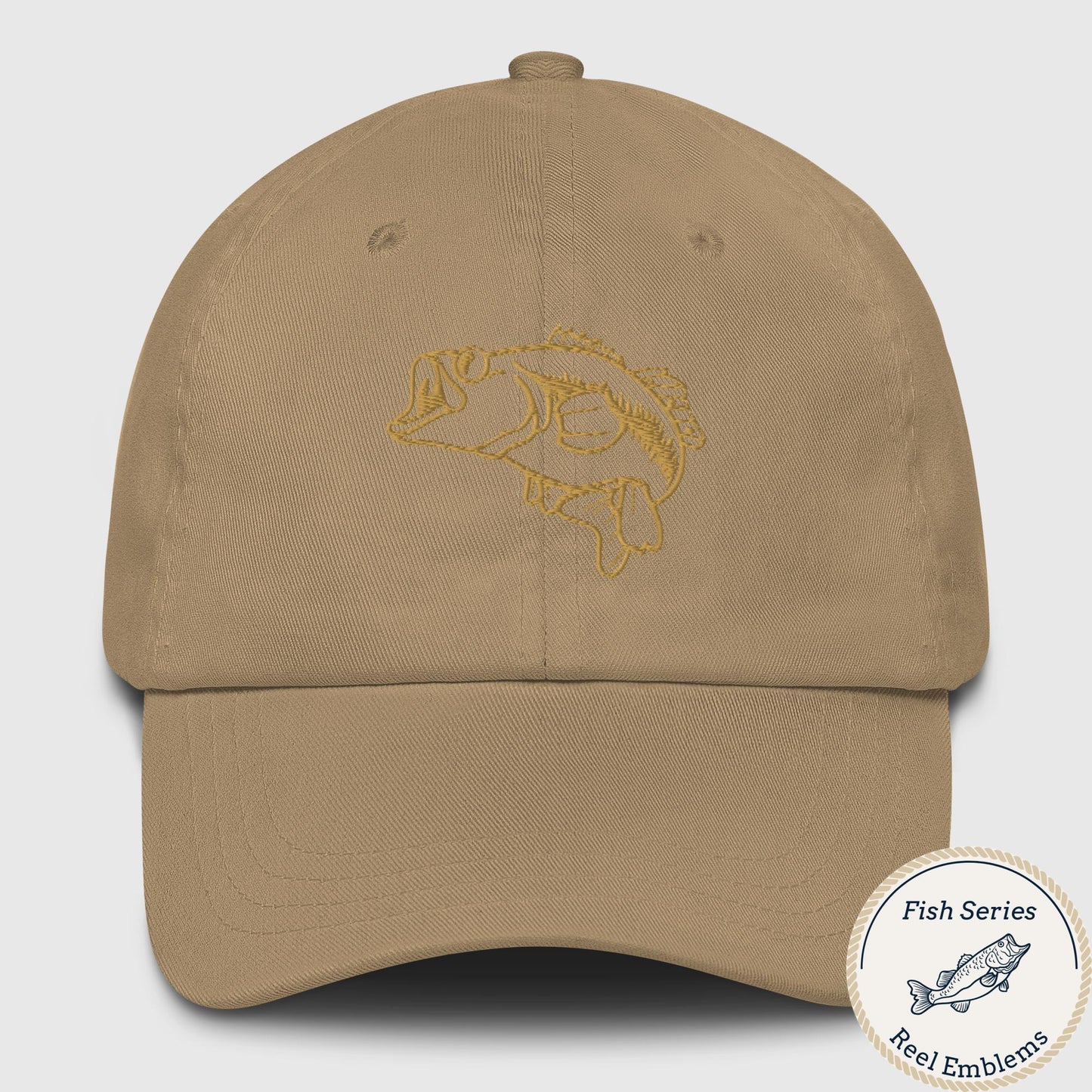 Khaki dad hat with embroidered largemouth bass design in gold thread, front view