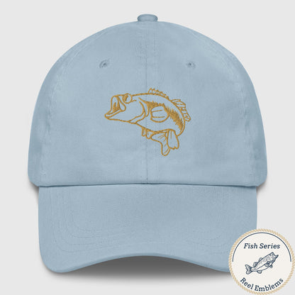Light blue fishing hat with embroidered largemouth bass graphic, casual dad hat style. - Largemouth Bass – Fish Series Dad Hat