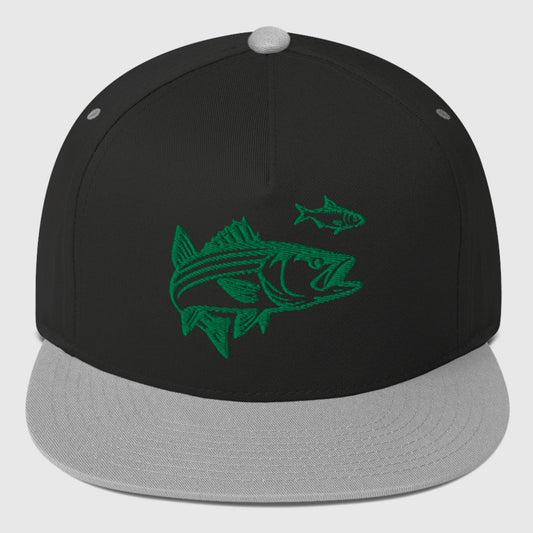 black flat bill hat with green embroidered striped bass and baitfish design on front, grey visor