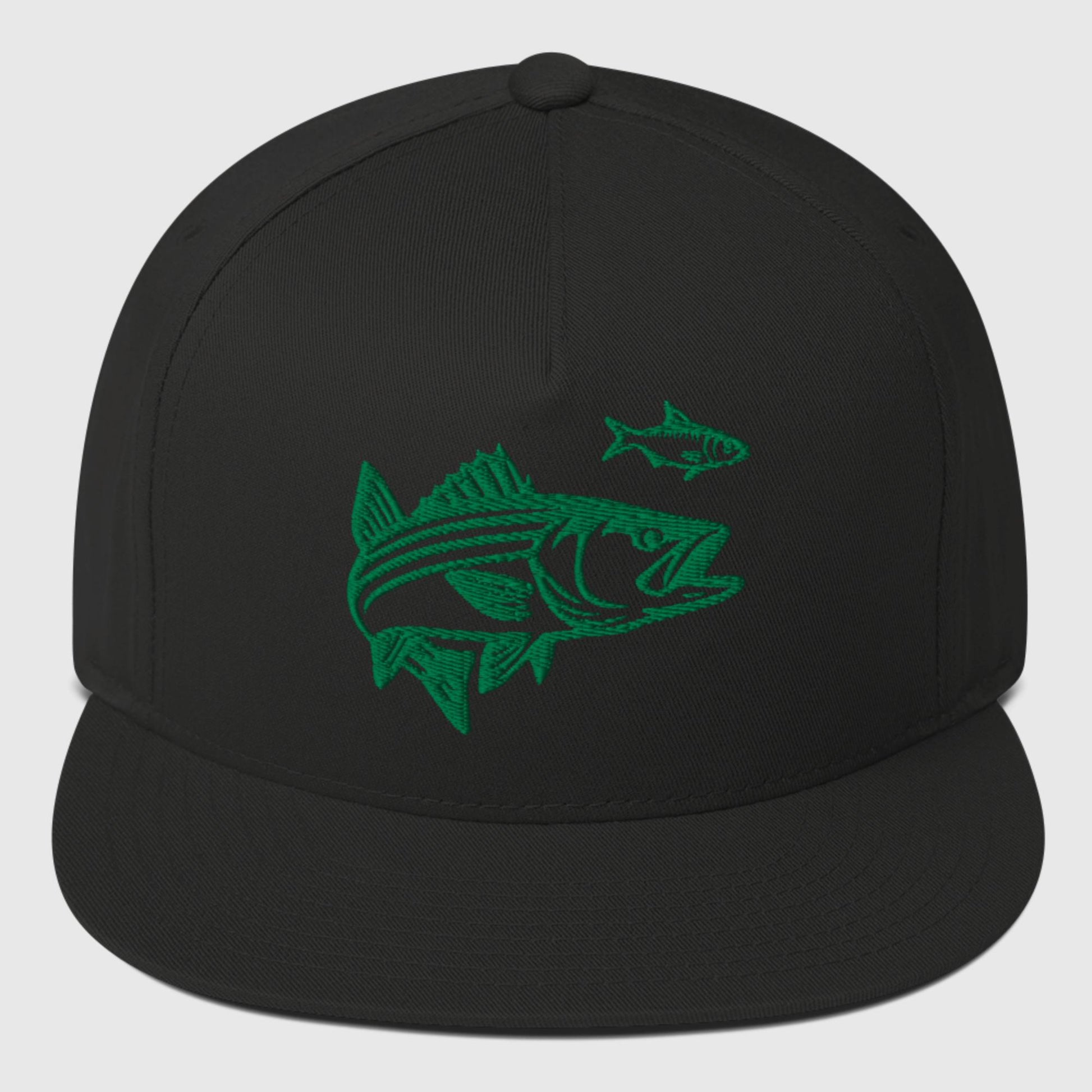 black flat bill hat with green embroidered striped bass and baitfish design on front