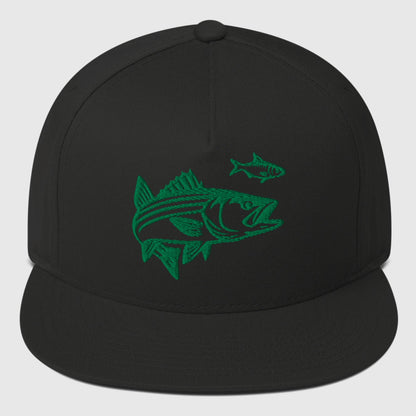 Black snapback fishing hat with green embroidered graphic of a large fish chasing a smaller fish, funny fishing hat design. - Striper Chase Snapback