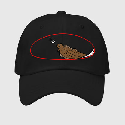 Black dad hat with a humorous brown halibut graphic, fishing hat design. - Halibut Chase Dad Hat
