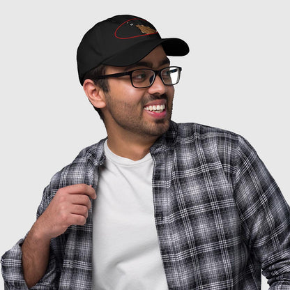 Black dad hat with orange fishing graphic and humorous text, casual fishing hat style. - Halibut Chase Dad Hat