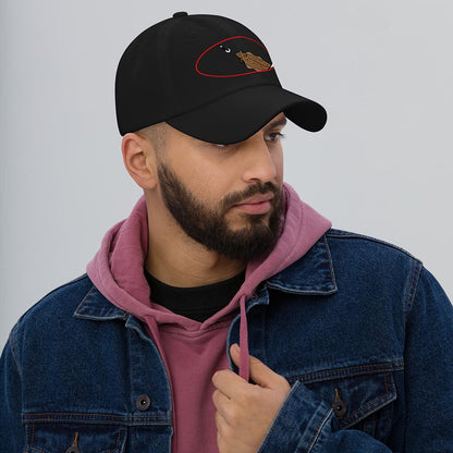 Black Halibut Chase Dad Hat with embroidered fish graphic, a casual funny fishing hat. - Halibut Chase Dad Hat