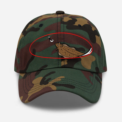 Camo fishing hat with embroidered brown halibut and red hook graphic, funny fishing hat design. - Halibut Chase Dad Hat