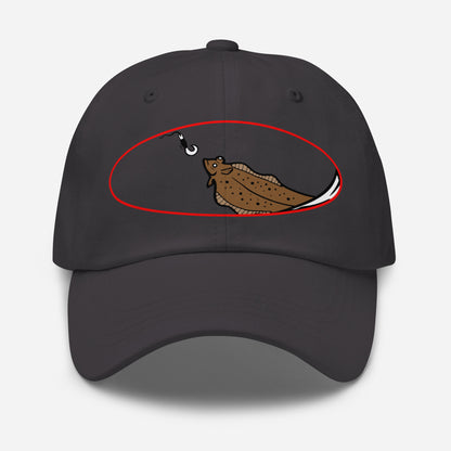 Black dad hat with humorous halibut fish graphic, fishing hat design. - Halibut Chase Dad Hat