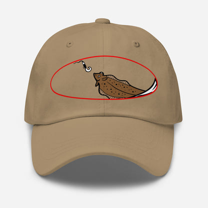 Khaki dad hat with brown halibut graphic and red fishing hook fishing hat design. - Halibut Chase Dad Hat