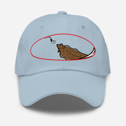 Light blue dad hat with humorous halibut fishing graphic on front, casual fishing hat. - Halibut Chase Dad Hat