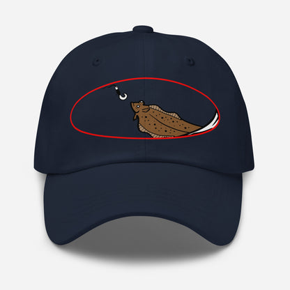 Navy dad hat with funny halibut fishing graphic embroidered on front. - Halibut Chase Dad Hat