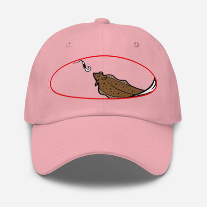 Pink dad hat with humorous halibut fishing graphic embroidered on front panel. - Halibut Chase Dad Hat