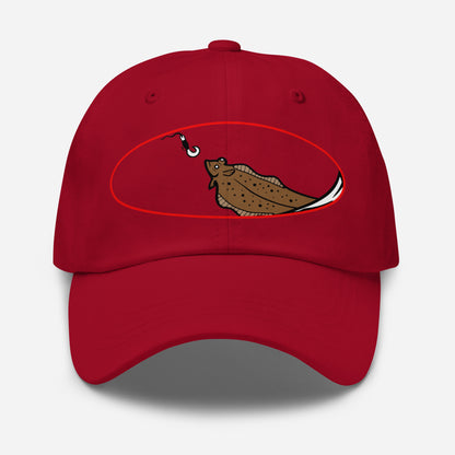 Red Halibut Chase Dad Hat with embroidered halibut and fishing hook graphic fishing hat, funny fishing hat. - Halibut Chase Dad Hat