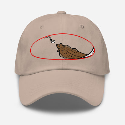 Khaki dad hat with embroidered graphic of halibut on fishing hook, funny fishing hat. - Halibut Chase Dad Hat