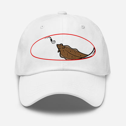 White dad hat with brown halibut graphic and fishing hook detail, funny fishing hat. - Halibut Chase Dad Hat