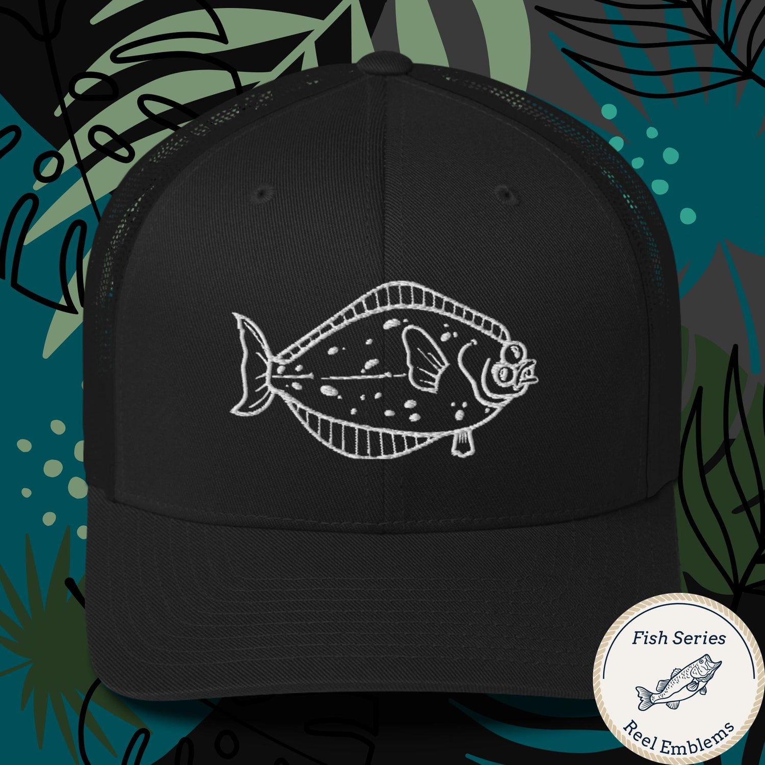 Black mesh trucker hat with embroidered halibut fish design, front view