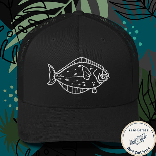 Black mesh trucker hat with embroidered halibut fish design, front view