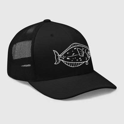 Black trucker cap with white halibut graphic, mesh back, and curved brim fishing hat. - Halibut – Fish Series Trucker Cap