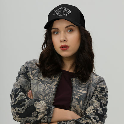 Black trucker cap with white halibut fish graphic, stylish funny fishing hat. - Halibut – Fish Series Trucker Cap