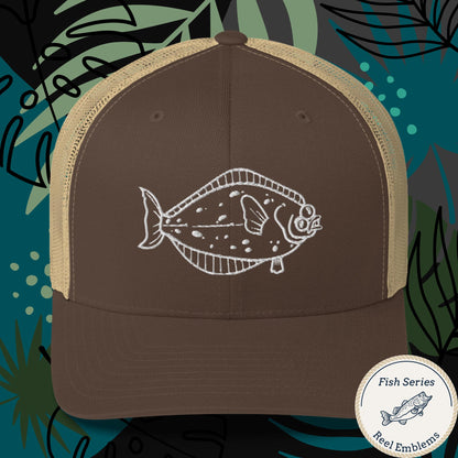 Brown and khaki trucker fishing hat with white halibut graphic, funny fishing hat design. - Halibut – Fish Series Trucker Cap