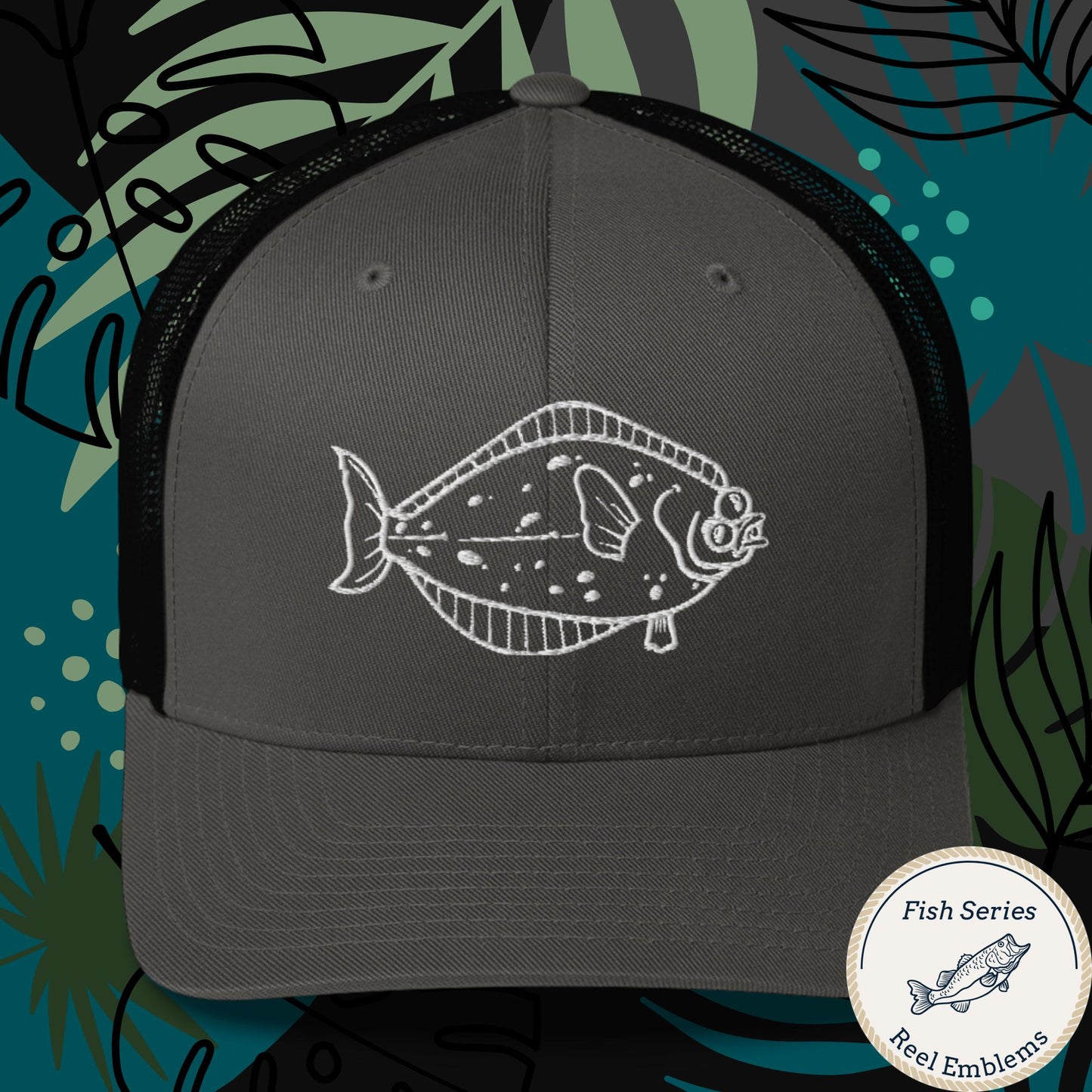 Charcoal and black mesh trucker cap with halibut graphic