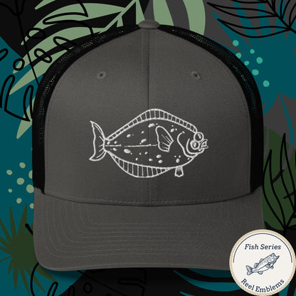 Charcoal black fishing hat with white halibut fish graphic, funny fishing hat design. - Halibut – Fish Series Trucker Cap