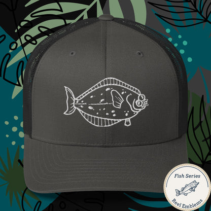 Charcoal fishing hat with white halibut graphic and mesh trucker back, funny fishing hat style. - Halibut – Fish Series Trucker Cap