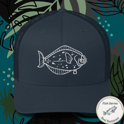 Navy trucker cap with white halibut graphic, fishing hat with funny design. - Halibut – Fish Series Trucker Cap