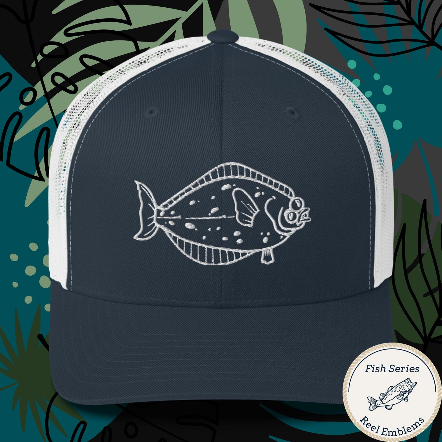 White mesh Navy front trucker hat with halibut fish