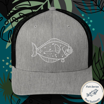 Heather gray and black trucker cap with white halibut fish graphic, fishing hat with funny fishing hat style. - Halibut – Fish Series Trucker Cap