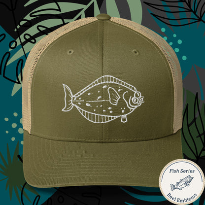 Olive green and tan trucker cap with white halibut graphic, funny fishing hat design. - Halibut – Fish Series Trucker Cap