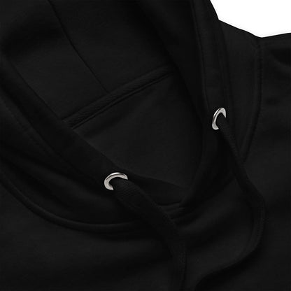 Black hoodie with adjustable drawstrings and metal eyelets, featuring soft fabric and a spacious hood. - Spoon Guy Hoodie