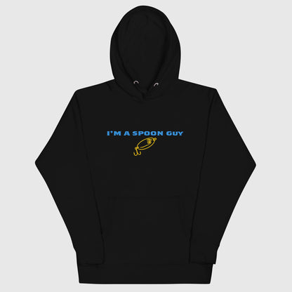 Black hoodie with "I'm a Spoon Guy" text and yellow fishing lure graphic, funny fishing hat theme. - Spoon Guy Hoodie