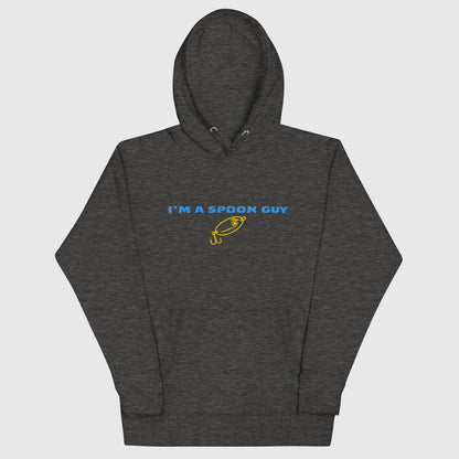 Charcoal heather hoodie with blue text reading "I'M A SPOON GUY" and yellow fishing spoon graphic, funny fishing hat style. - Spoon Guy Hoodie