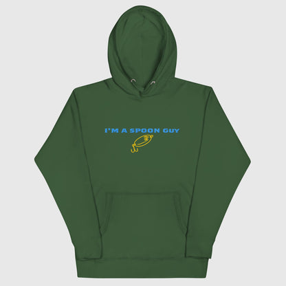 Forest green hoodie with "I'm a Spoon Guy" text and yellow fishing lure graphic, playful fishing hat style. - Spoon Guy Hoodie