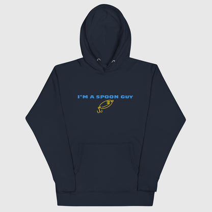 Navy blue hoodie with "I'm a Spoon Guy" text and yellow fishing lure graphic, funny fishing hat theme. - Spoon Guy Hoodie
