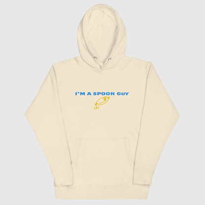 Bone-colored hoodie with blue text "I'M A SPOON GUY" and yellow fishing lure graphic, casual style. - Spoon Guy Hoodie