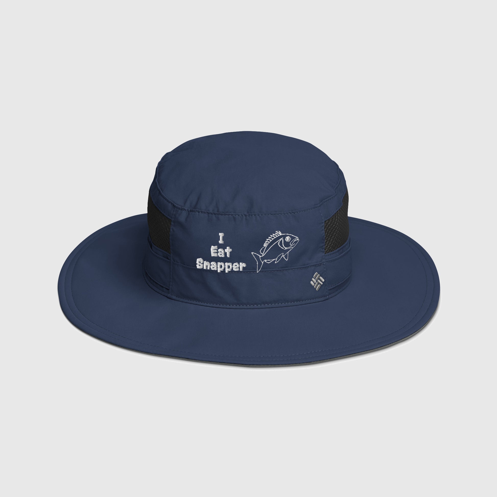 Navy Columbia bucket hat with embroidered “I Eat Snapper” text and fish design, front view