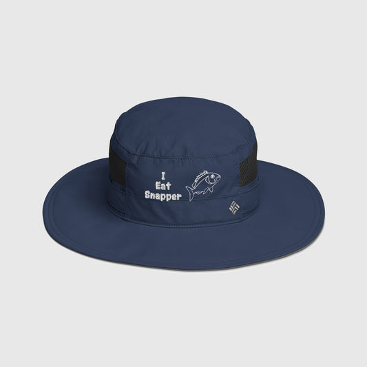 Navy Columbia bucket hat with embroidered “I Eat Snapper” text and fish design, front view