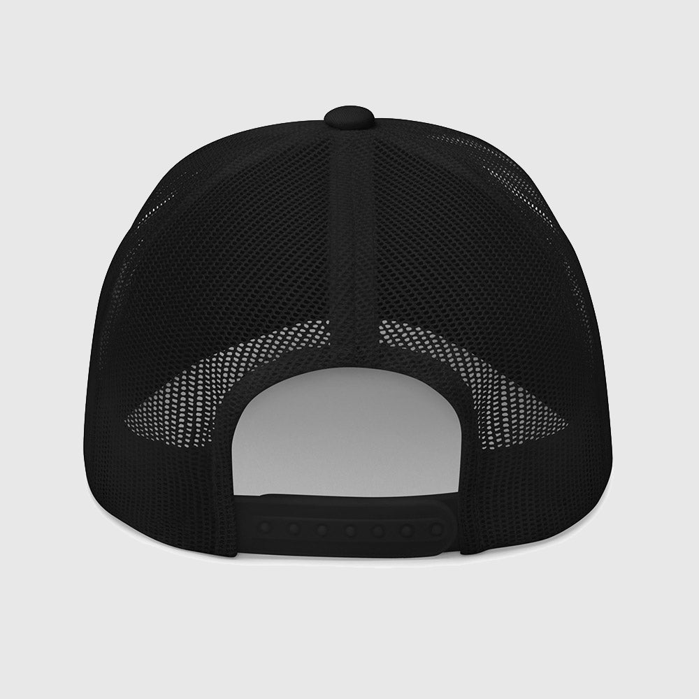 Back view of black mesh back trucker cap with adjustable snap closure