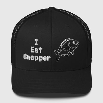 Black trucker cap with mesh back, white "I Eat Snapper" text and snapper fish graphic fishing hat. - I Eat Snapper Mesh Back Trucker Cap