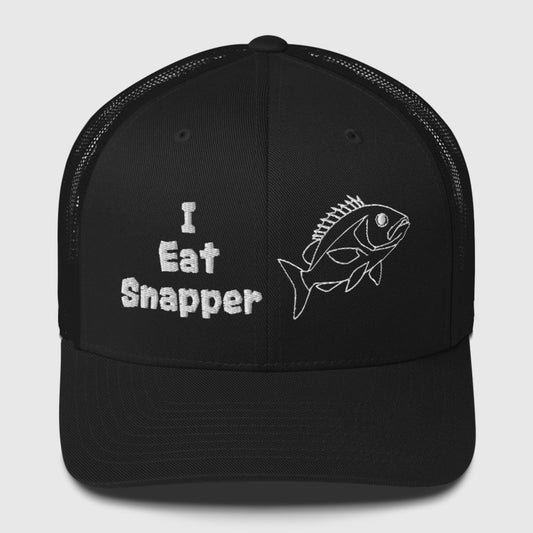 Black mesh back trucker cap with white “I Eat Snapper” text and fish embroidery, front view