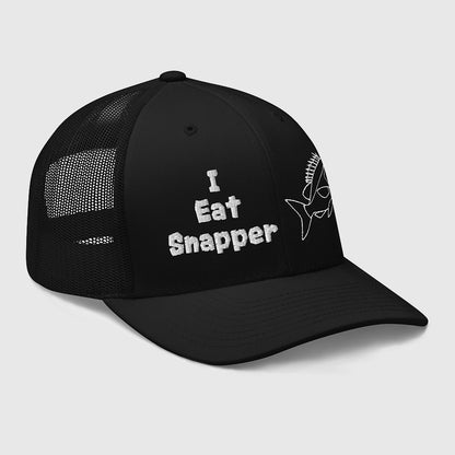 Black mesh back trucker cap with funny "I Eat Snapper" white text and fish graphic fishing hat. - I Eat Snapper Mesh Back Trucker Cap