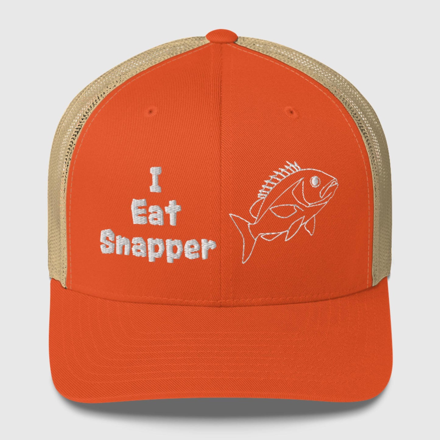 Orange mesh back trucker cap with white “I Eat Snapper” text and fish embroidery, front view