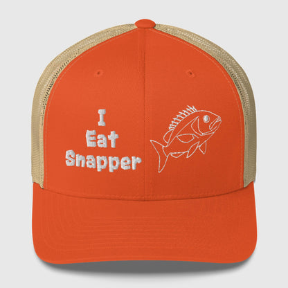 Rustic orange and khaki mesh back trucker cap with funny "I Eat Snapper" fishing hat graphic. - I Eat Snapper Mesh Back Trucker Cap