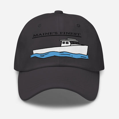 Black dad hat with white lobster boat graphic and "Maine’s Finest" text, funny fishing hat design. - “Maine’s Finest” Lobster Boat Dad Hat