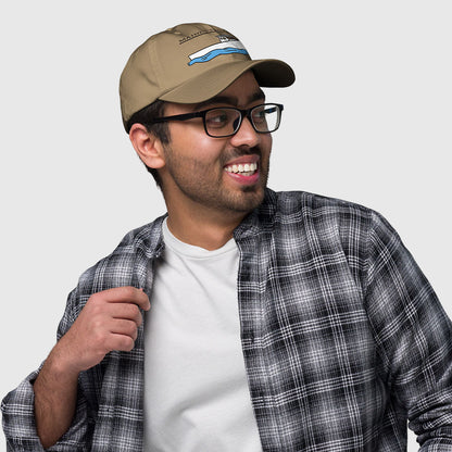 Khaki dad hat with blue lobster boat graphic fishing hat, funny fishing hat style. - “Maine’s Finest” Lobster Boat Dad Hat