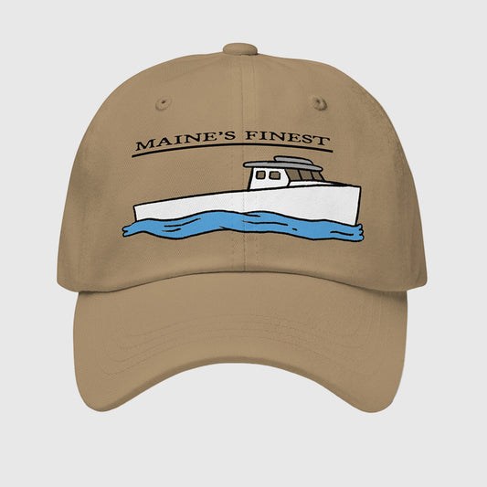 Maine’s Finest lobster boat dad hat embroidered design on khaki cap