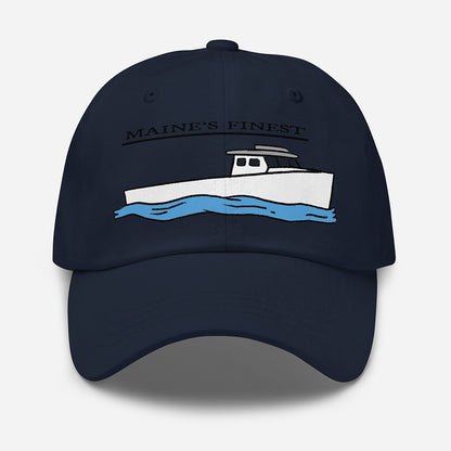 Navy dad hat with "Maine’s Finest" text and lobster boat graphic fishing hat design, funny fishing hat style. - “Maine’s Finest” Lobster Boat Dad Hat