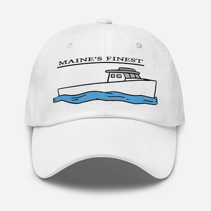 White dad hat with "Maine’s Finest" text and graphic of a lobster boat on water, fishing hat, funny fishing hat. - “Maine’s Finest” Lobster Boat Dad Hat