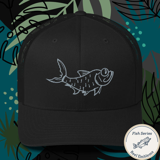 Black fishing trucker hat with embroidered tarpon fish design, front view